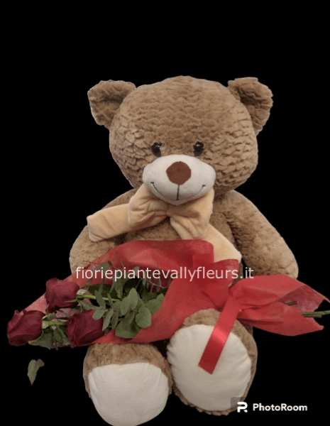 Orso gigante con 3 rose rosse